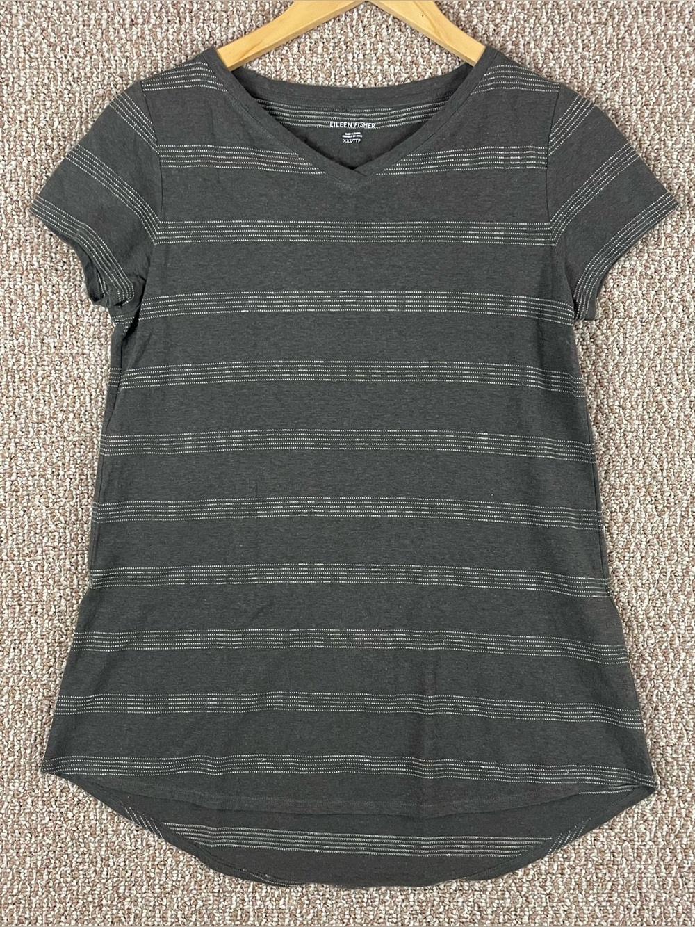 Eileen Fisher Shirt XXS Dark Gray Short-Sleeve Striped Tee Hemp Cotton E125